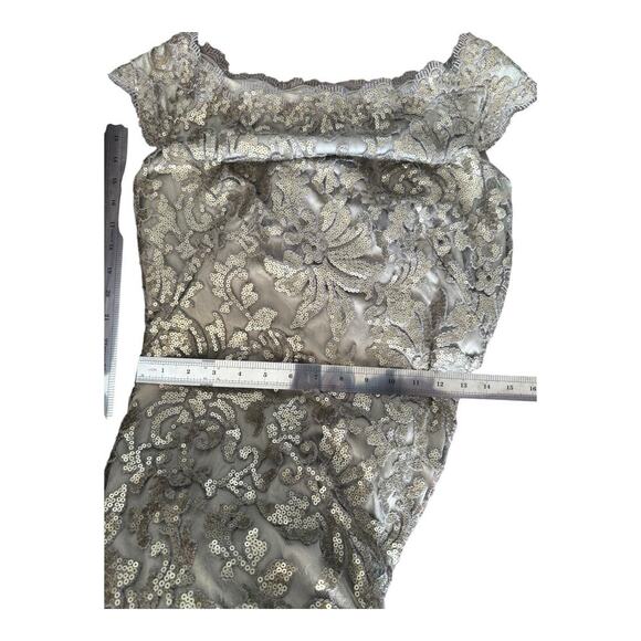 Tadashi Shoji Size 6 Paillette Embroidered Lace Gown Off Shoulder Champagne - Picture 11 of 14